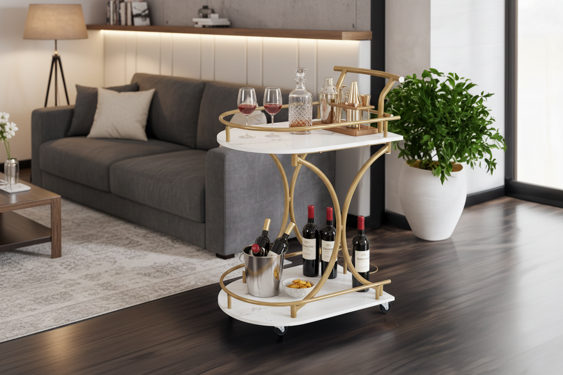 Stylish double-decker bar cart in a modern living room