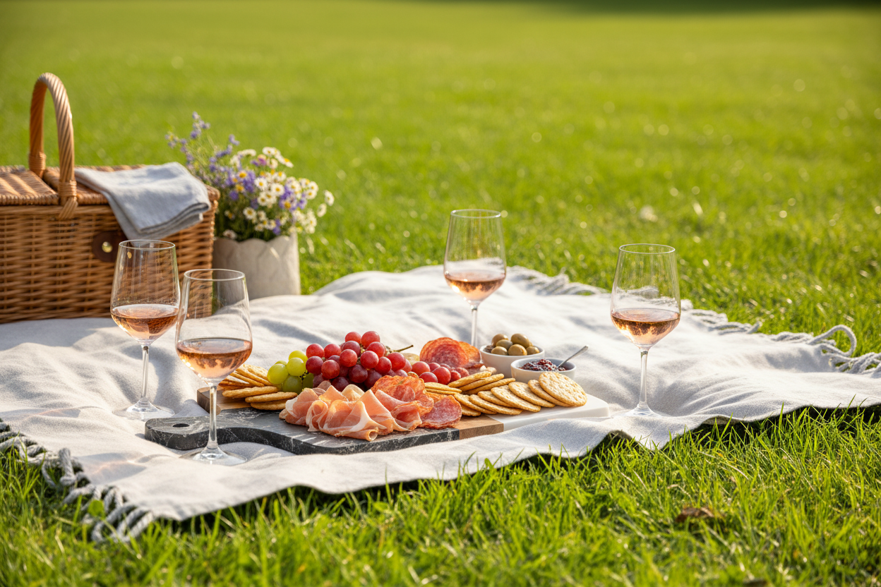 Outdoor picnic spread with wine glasses and marble cheese board