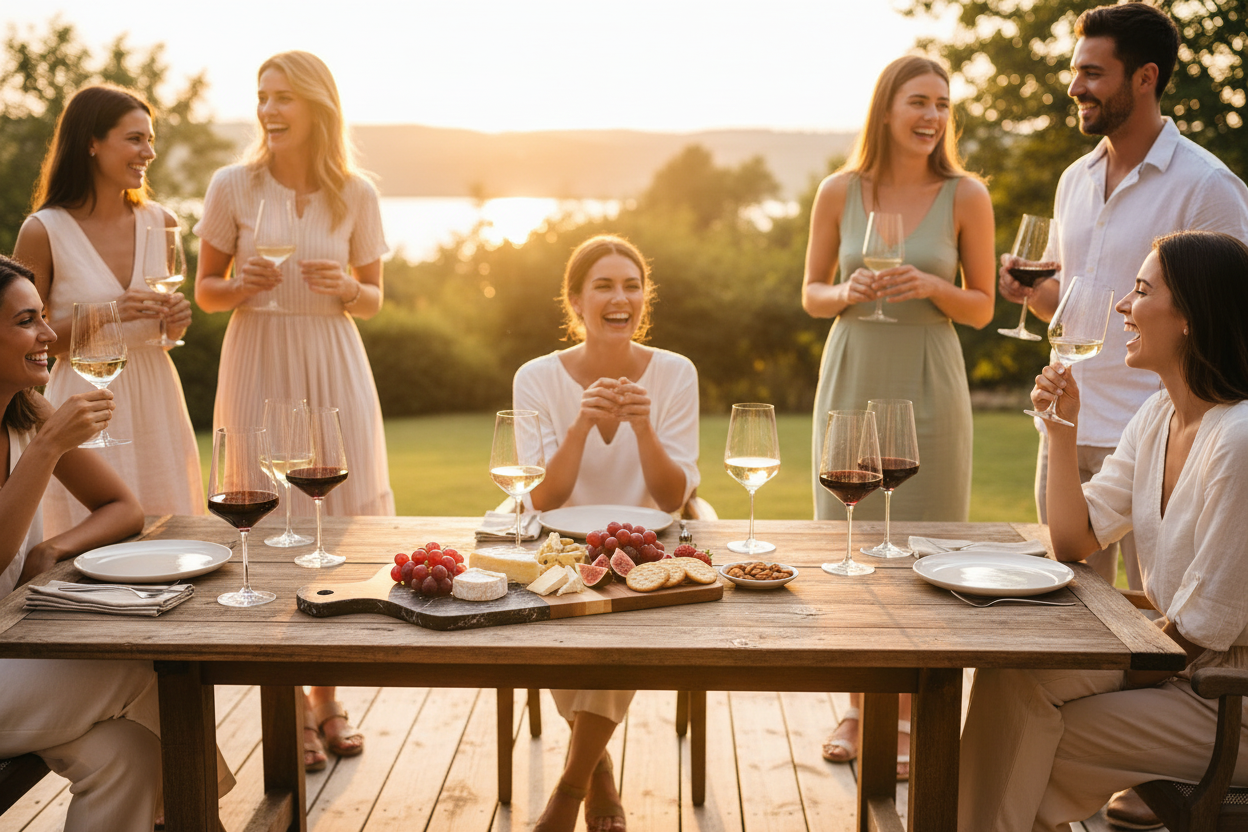 Golden hour outdoor wine setup with glasses and cheese board