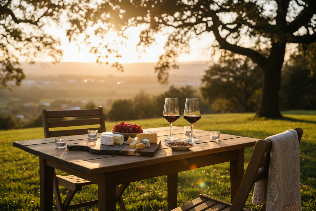 Romantic sunset outdoor wine pairing scene with glasses and cheese board