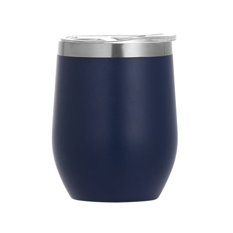 Dark navy egg-shaped insulated wine tumbler, double-wall stainless steel, with lid