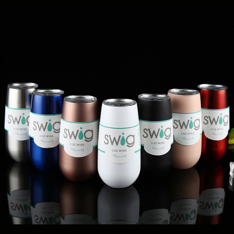 Insulated stemless 6 oz stainless wine tumbler set, mixed colors with SWIG logo