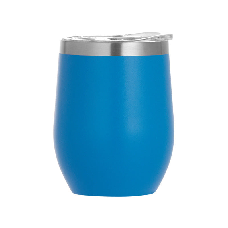 Light blue egg-shaped insulated wine tumbler, double-wall stainless steel, with lid