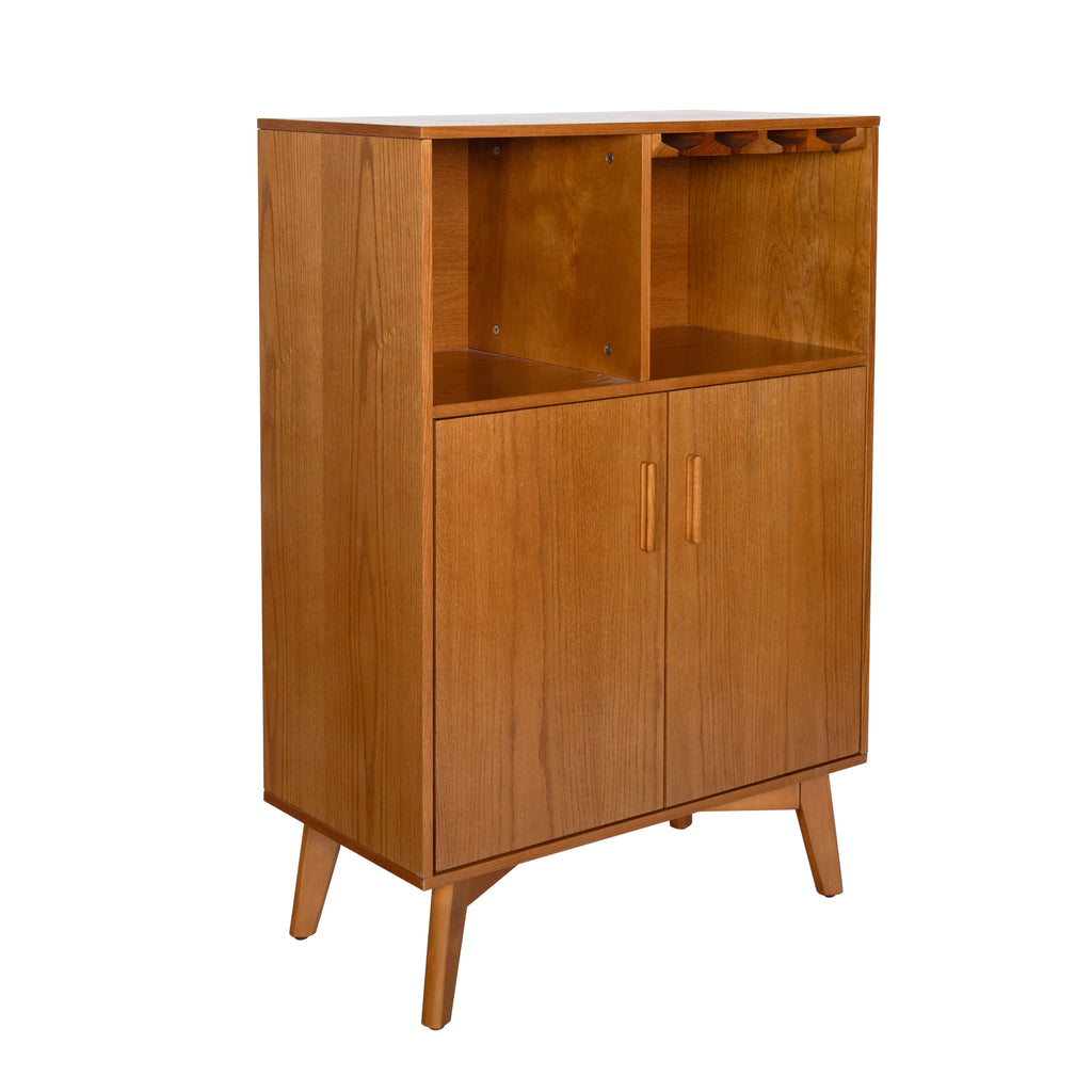 Wood storage cabinet with two doors, open upper shelves, and bottle holder rail