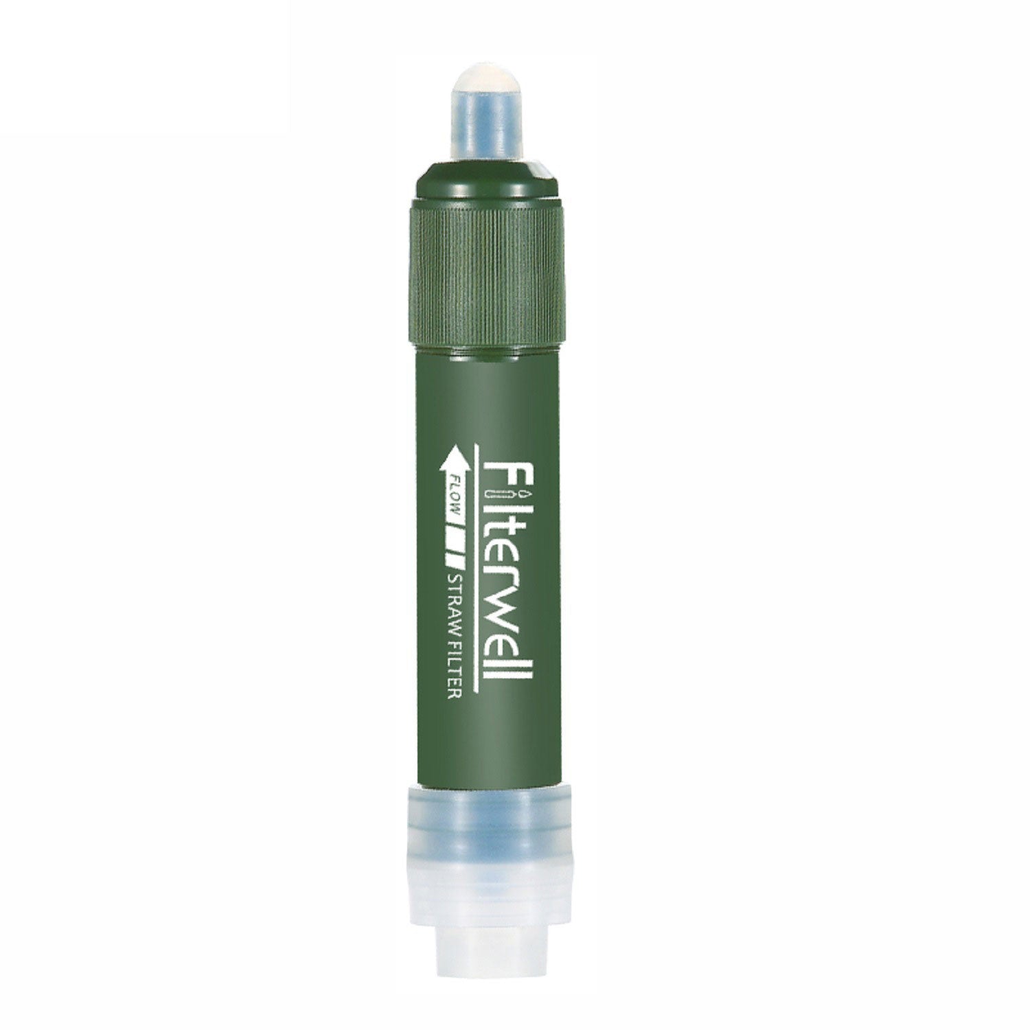 Green mini water filter bottle with transparent cap and FilterWell label