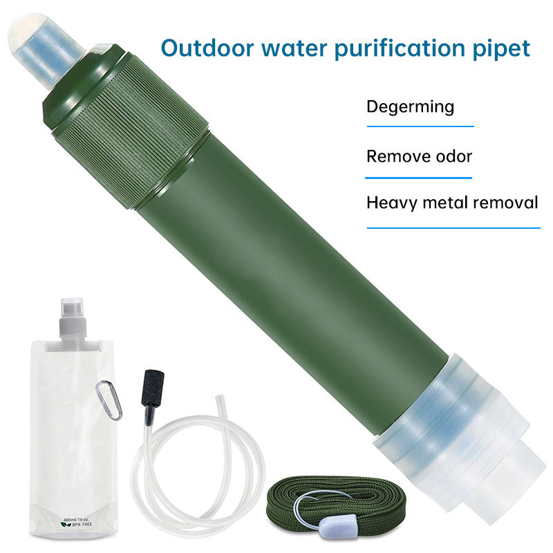 Green long water filter pipet with transparent end caps, hose, and spare accessories