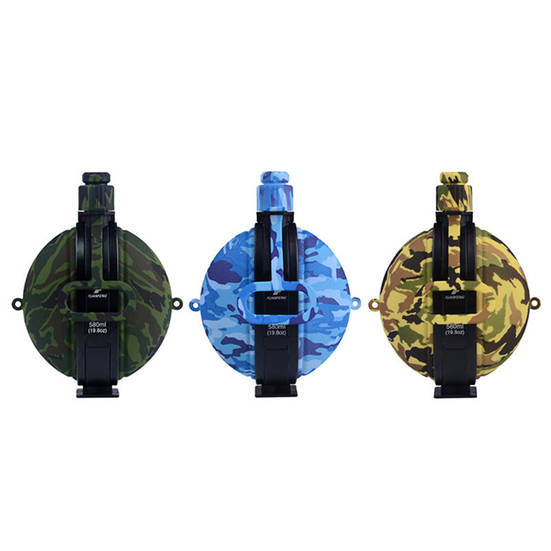 Camo folding silicone water bottle set, 580ml, round design with black carry holder
