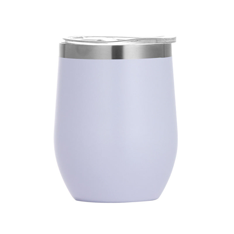 White egg-shaped insulated wine tumbler with stainless lid, double-wall 12oz