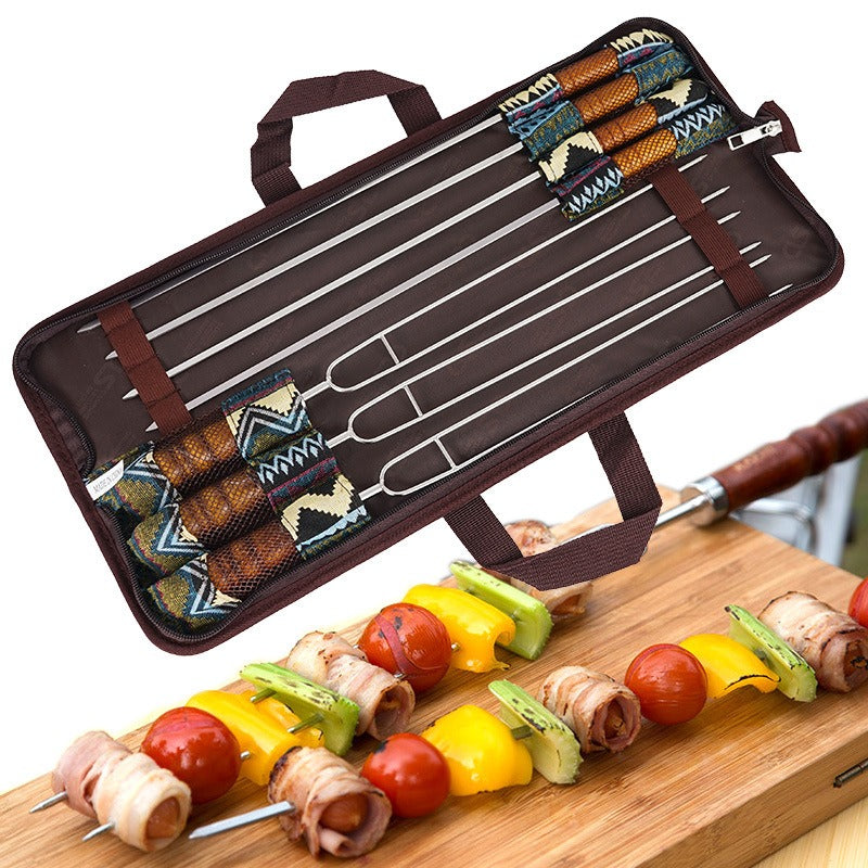 7-piece barbecue fork set in patterned carry case, wooden-handled forks