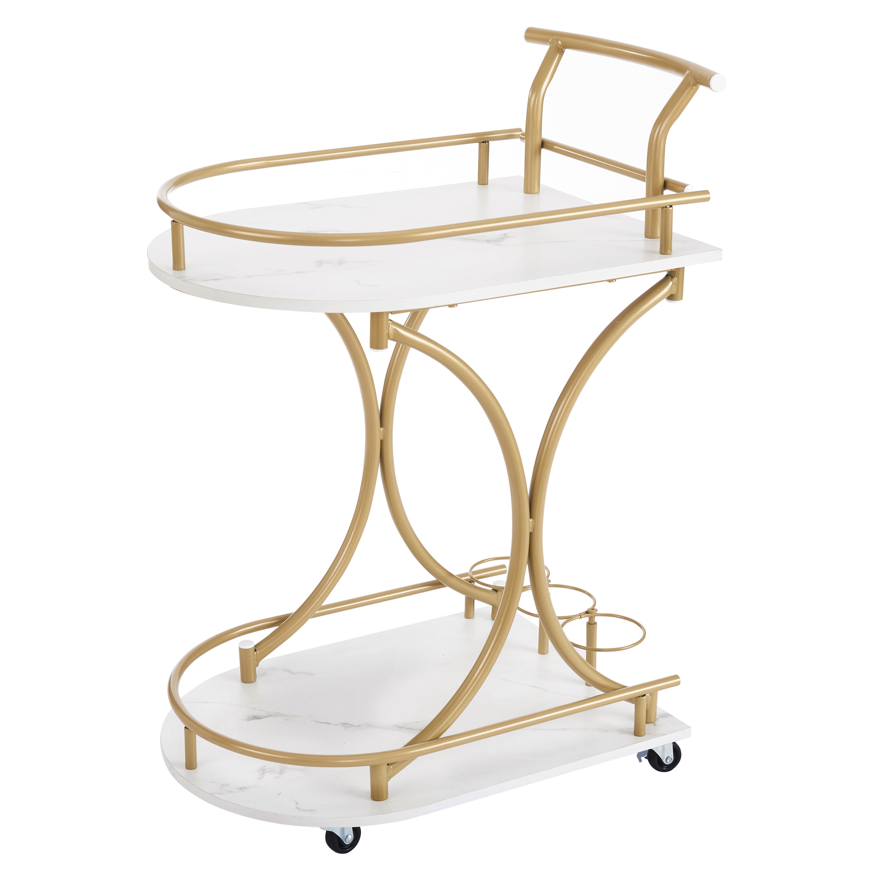 Golden two-tier bar cart with white shelves, arched frame, and rolling casters