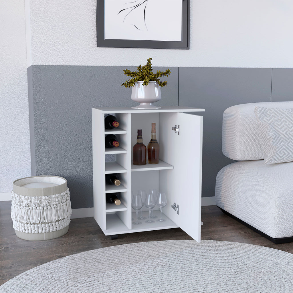 White rolling bar cart cabinet with open shelves, glass storage, and bottle slots