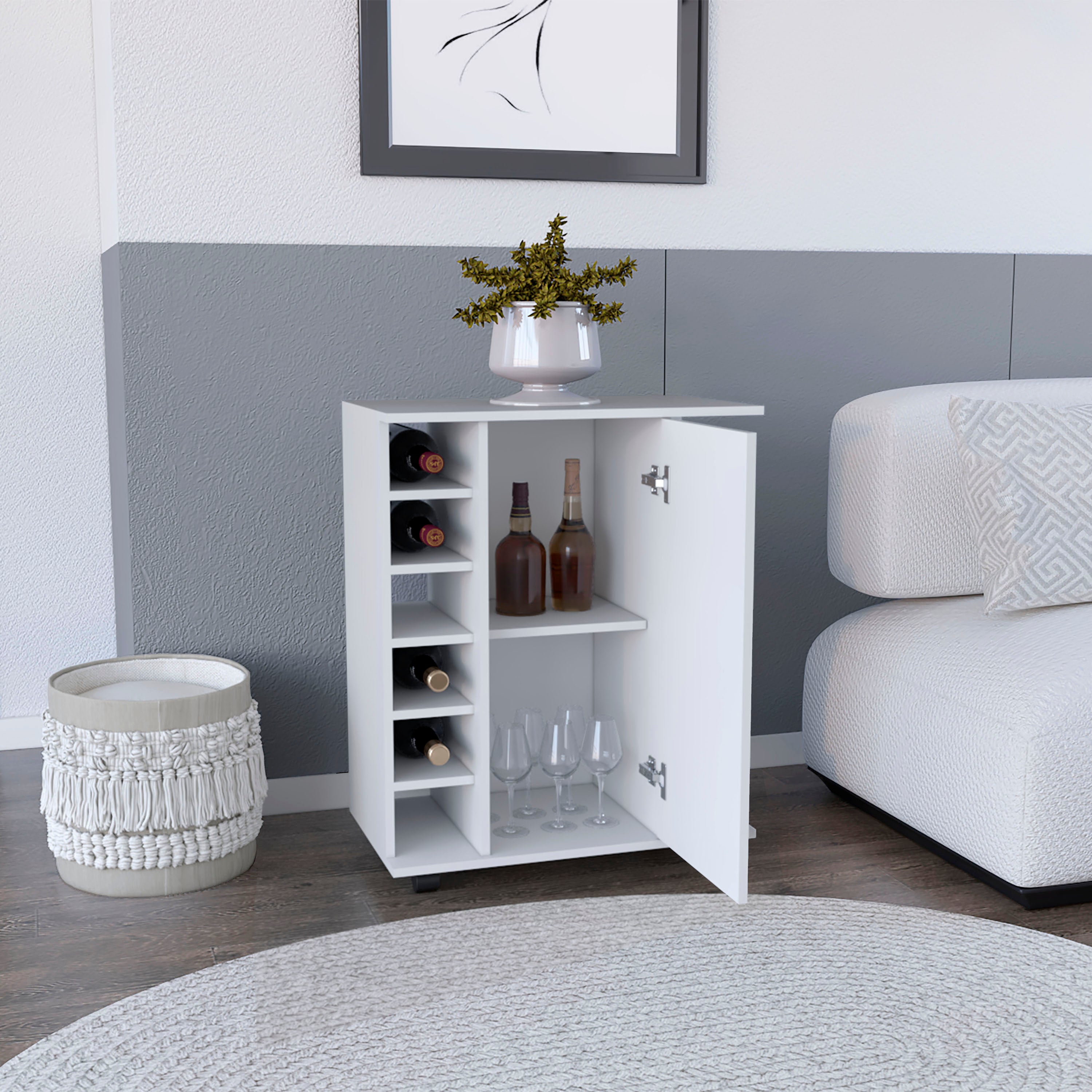 White rolling bar cart cabinet with open shelves, glass storage, and bottle slots