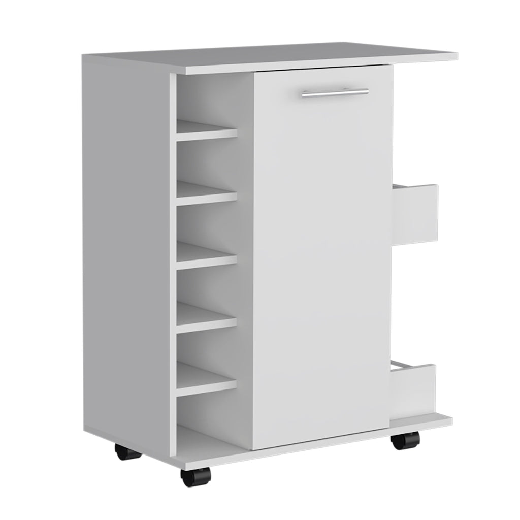White rolling bar cabinet with top surface, side compartments, and caster wheels