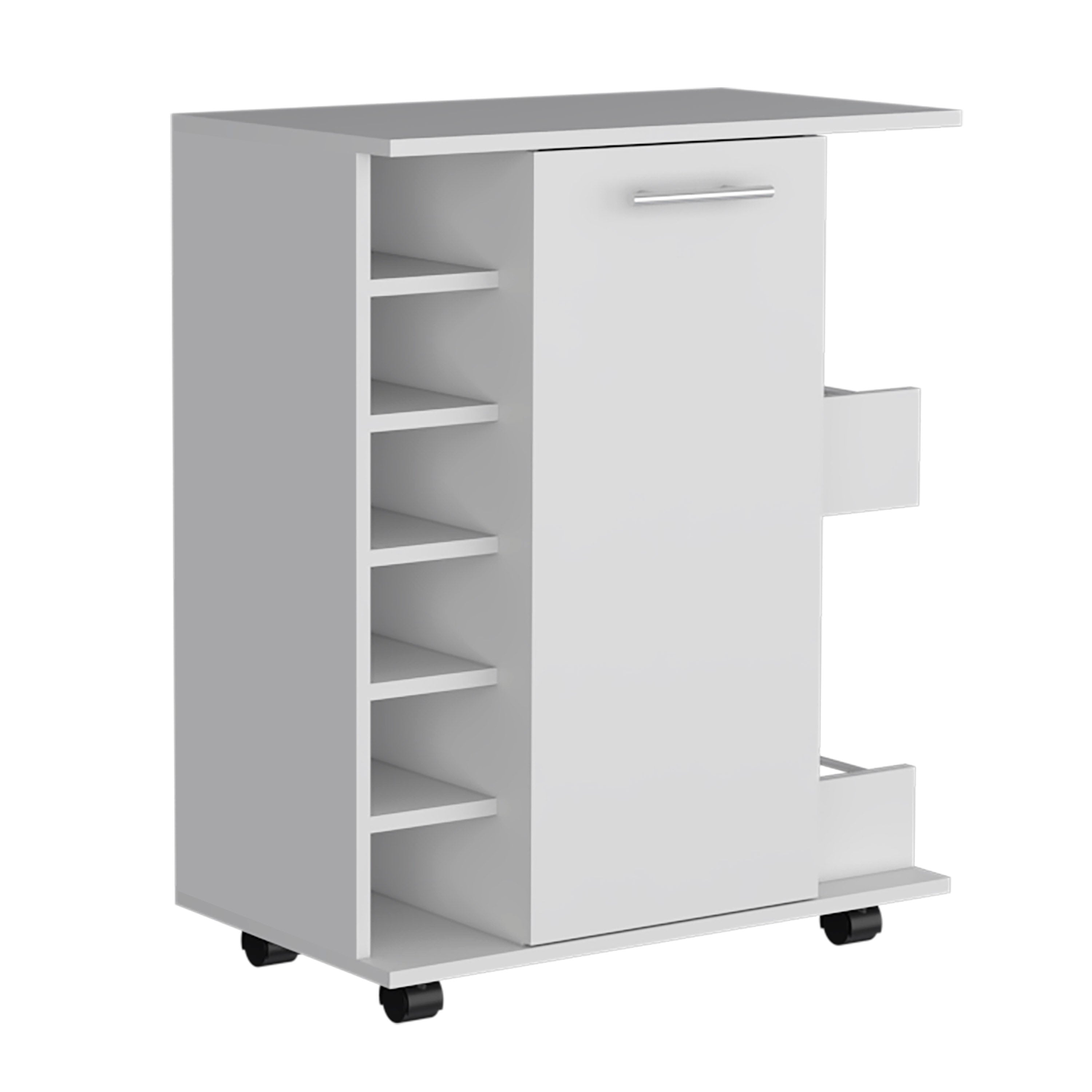 White rolling bar cabinet with top surface, side compartments, and caster wheels
