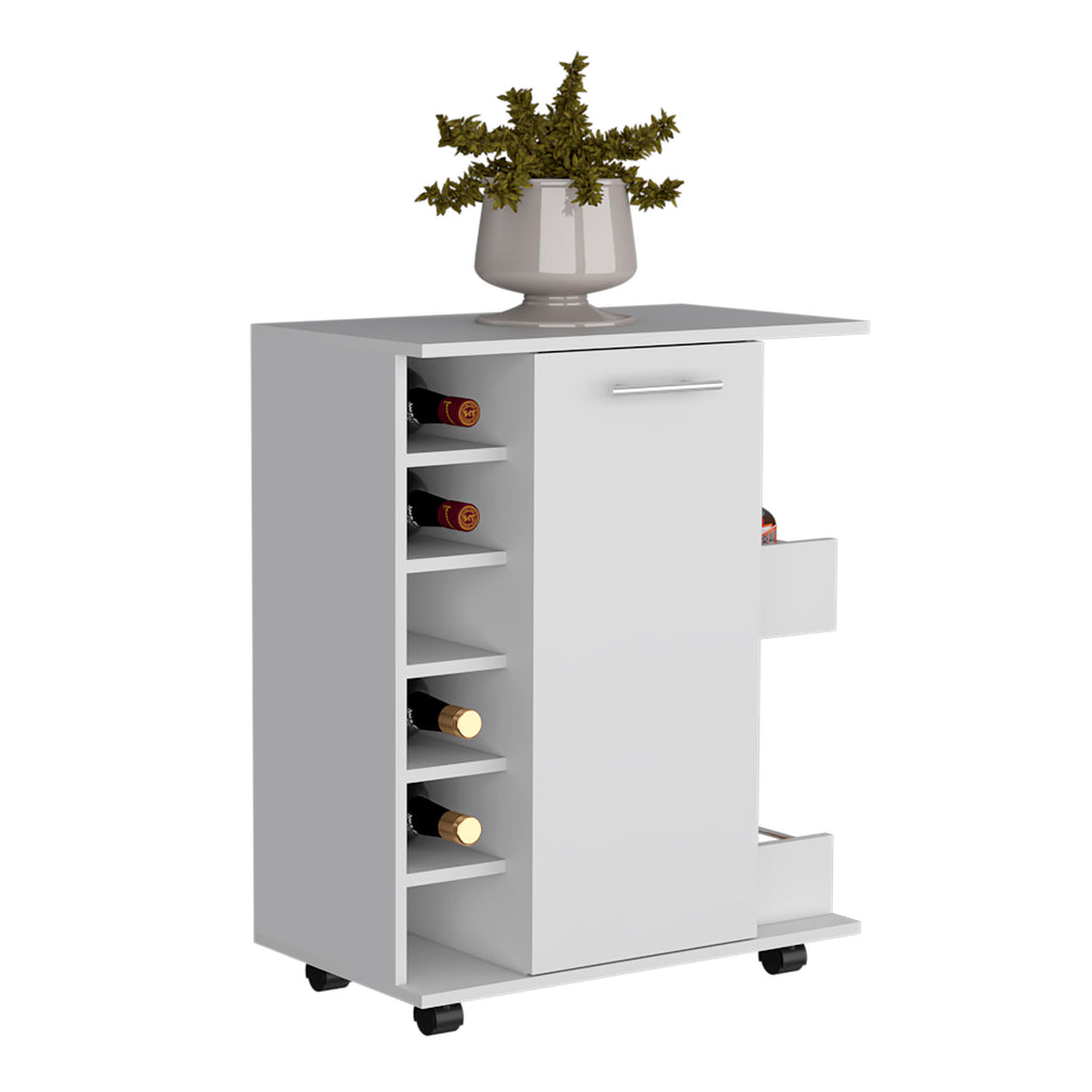 White bar cart cabinet with left bottle shelves, central door, and caster wheels