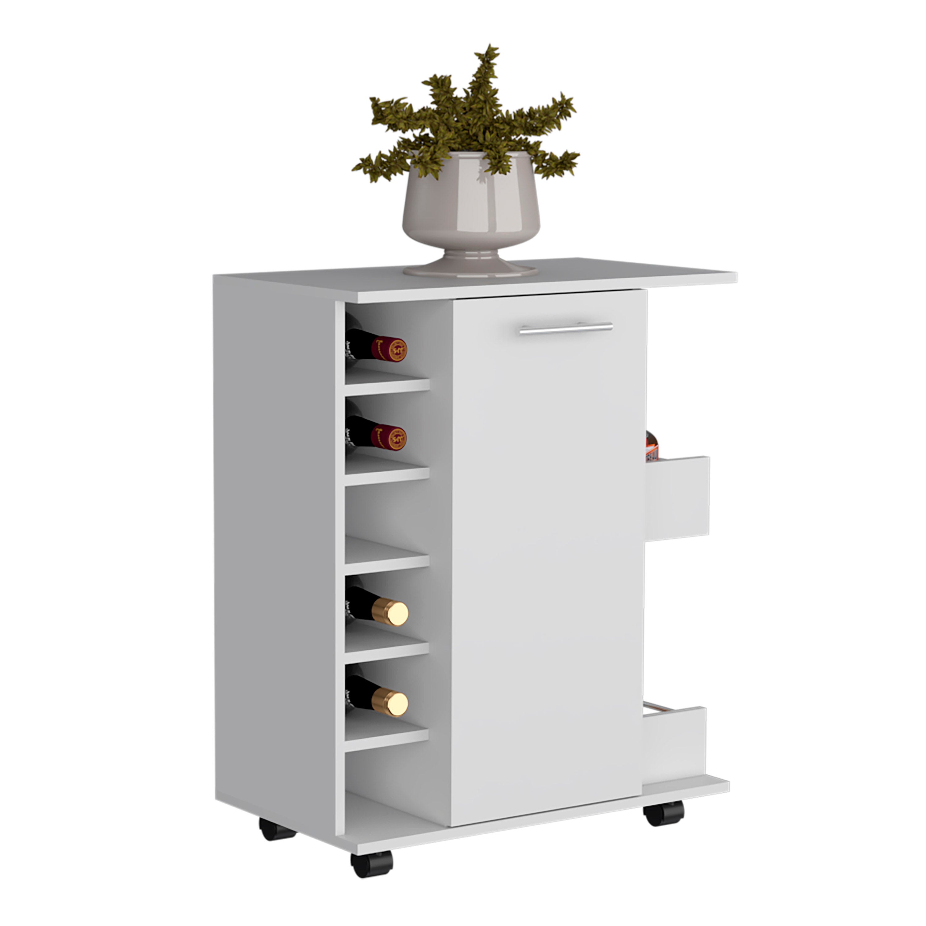 White bar cart cabinet with left bottle shelves, central door, and caster wheels