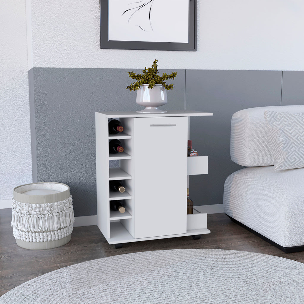 White rolling bar cart cabinet with open shelves and double-door storage on wheels