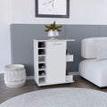 White rolling bar cart cabinet with open shelves and double-door storage on wheels