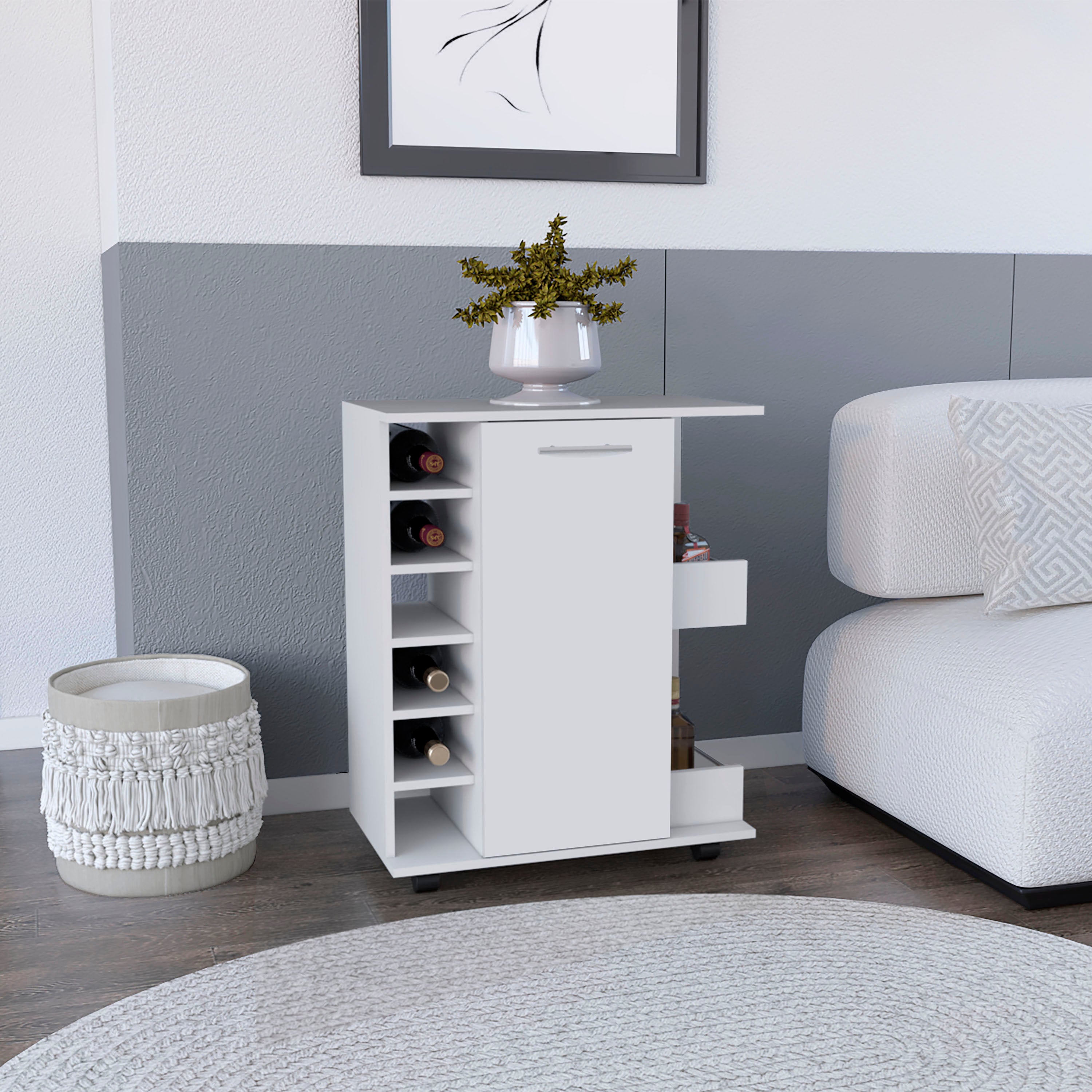 White rolling bar cart cabinet with open shelves and double-door storage on wheels