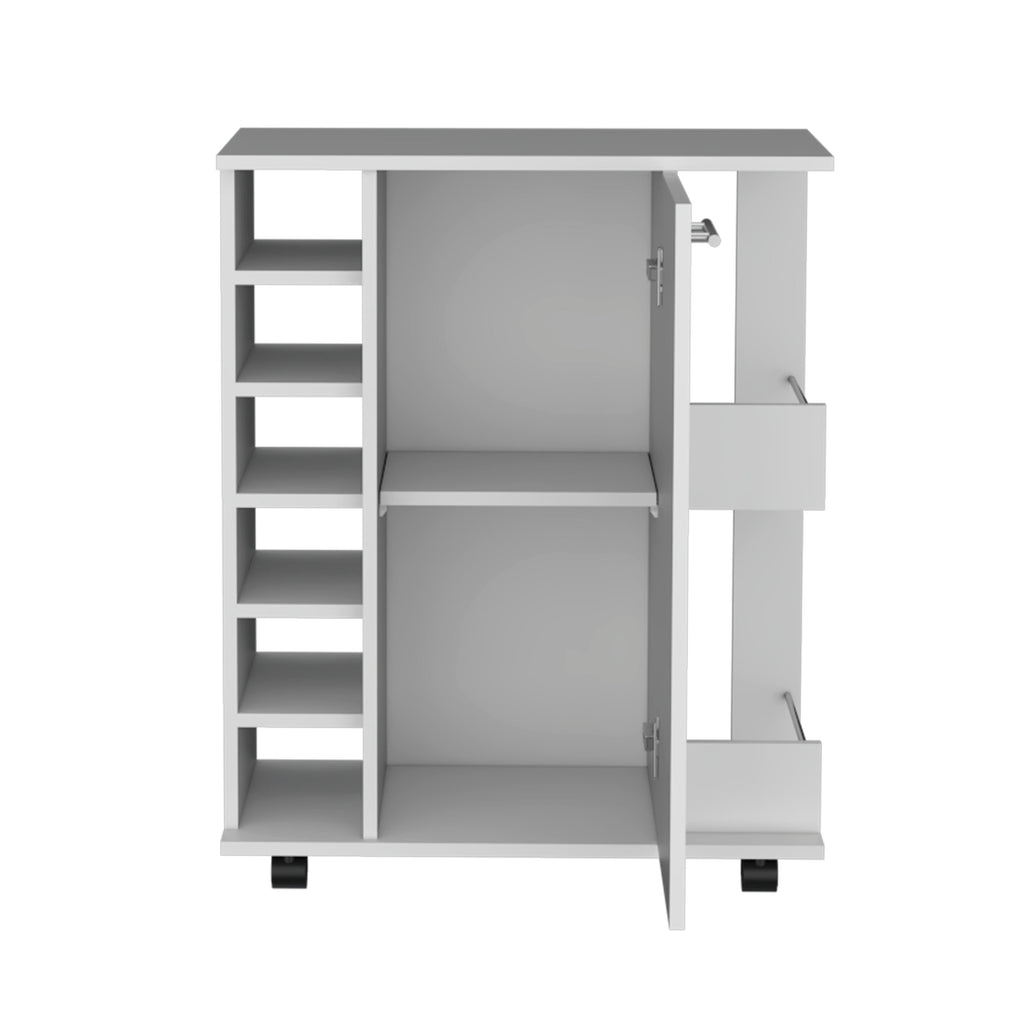 White bar cart cabinet with doors open, interior shelves, and side storage drawer