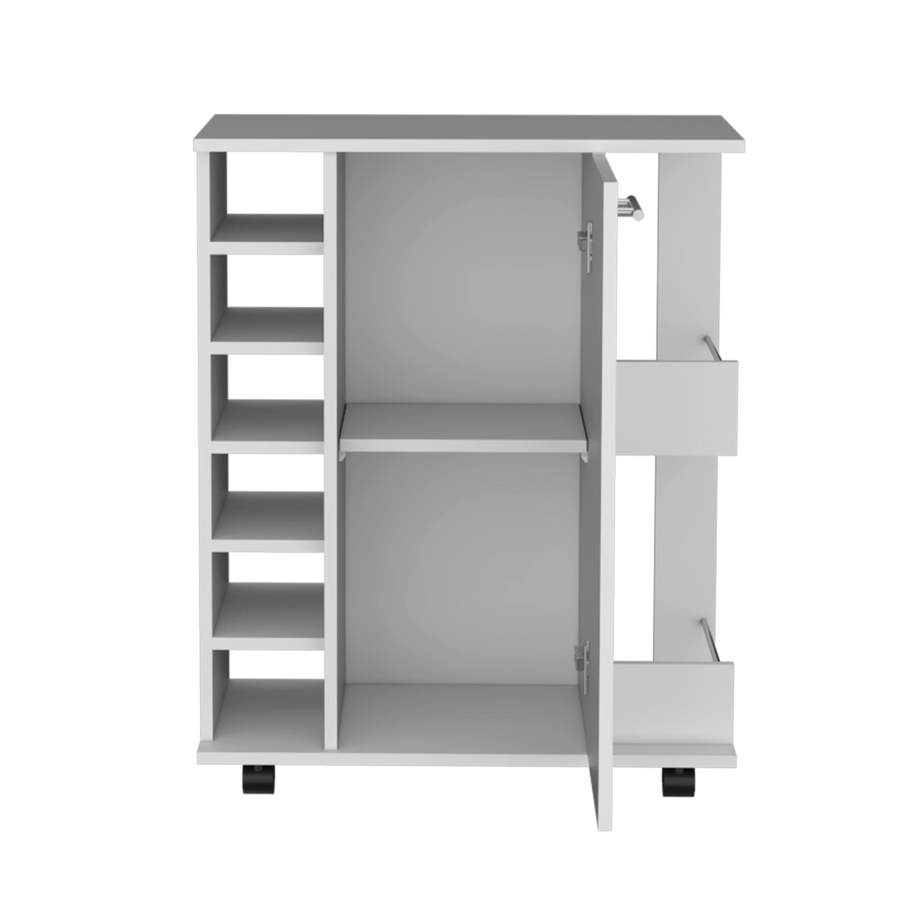 White bar cart cabinet with doors open, interior shelves, and side storage drawer