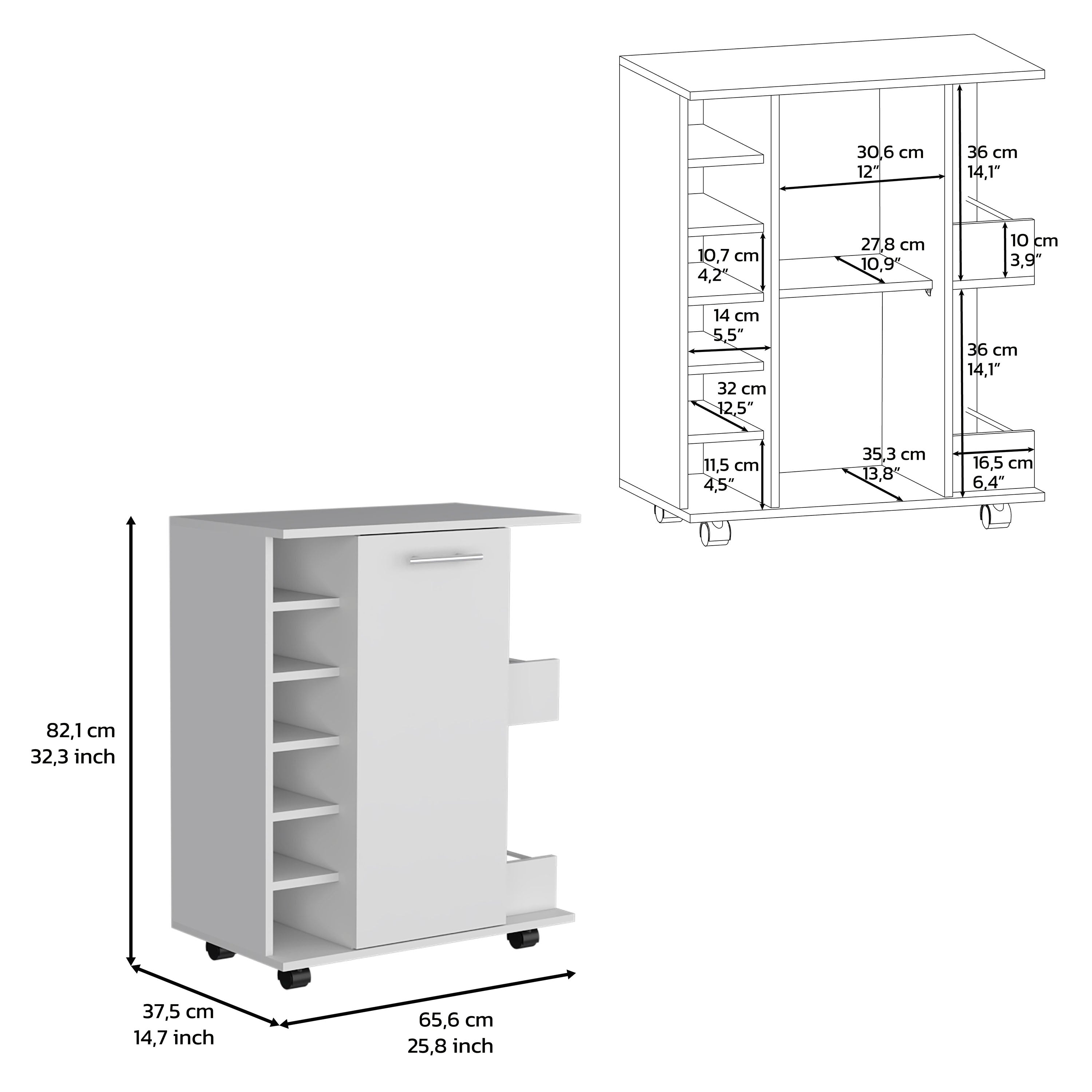 White bar cart cabinet with open shelving and bottle rack, on four caster wheels