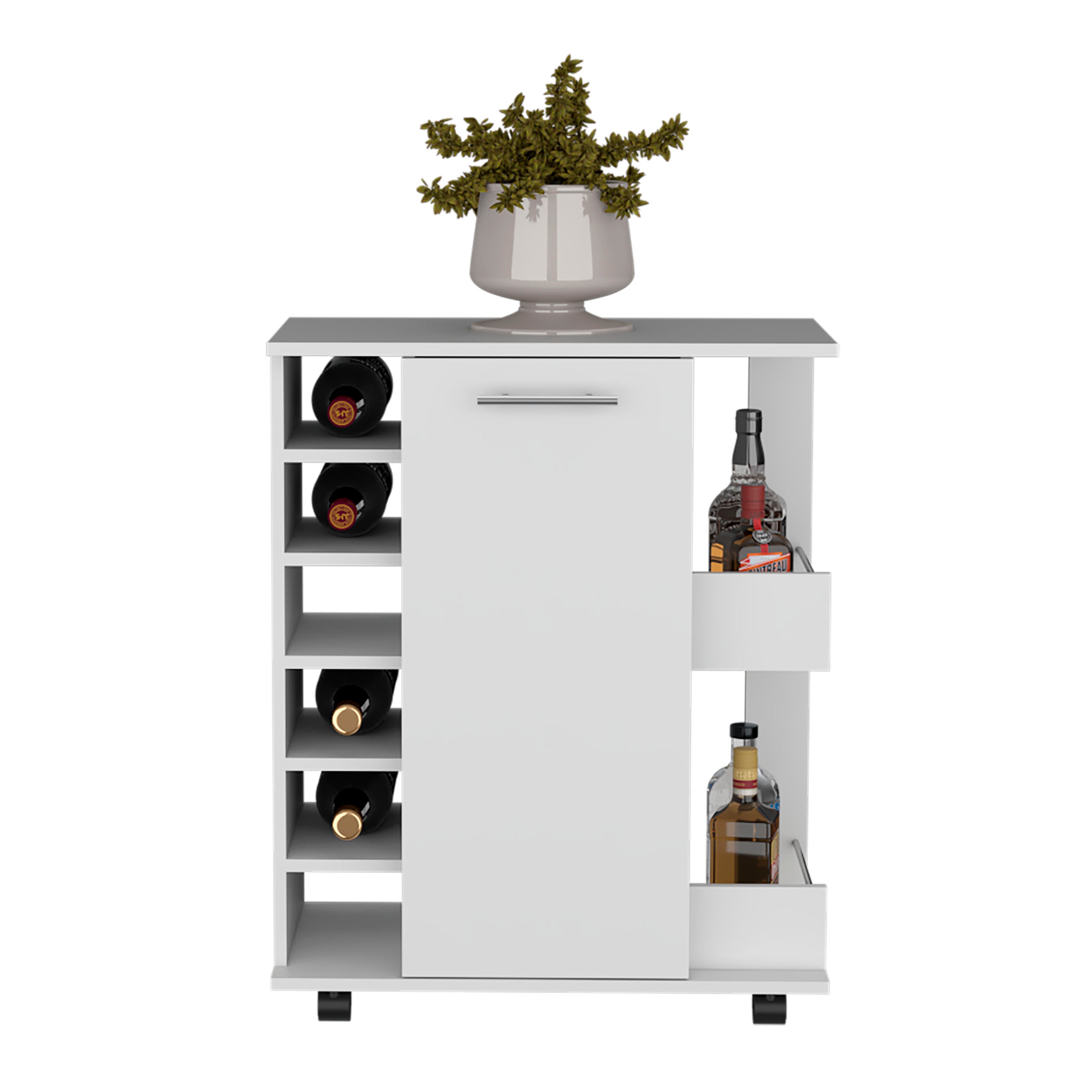 White bar cart cabinet with bottle racks on left, side compartment, and wheels