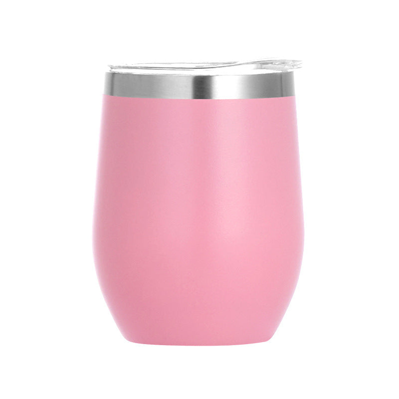 Pink egg-shaped insulated wine tumbler, double-wall stainless steel, with lid
