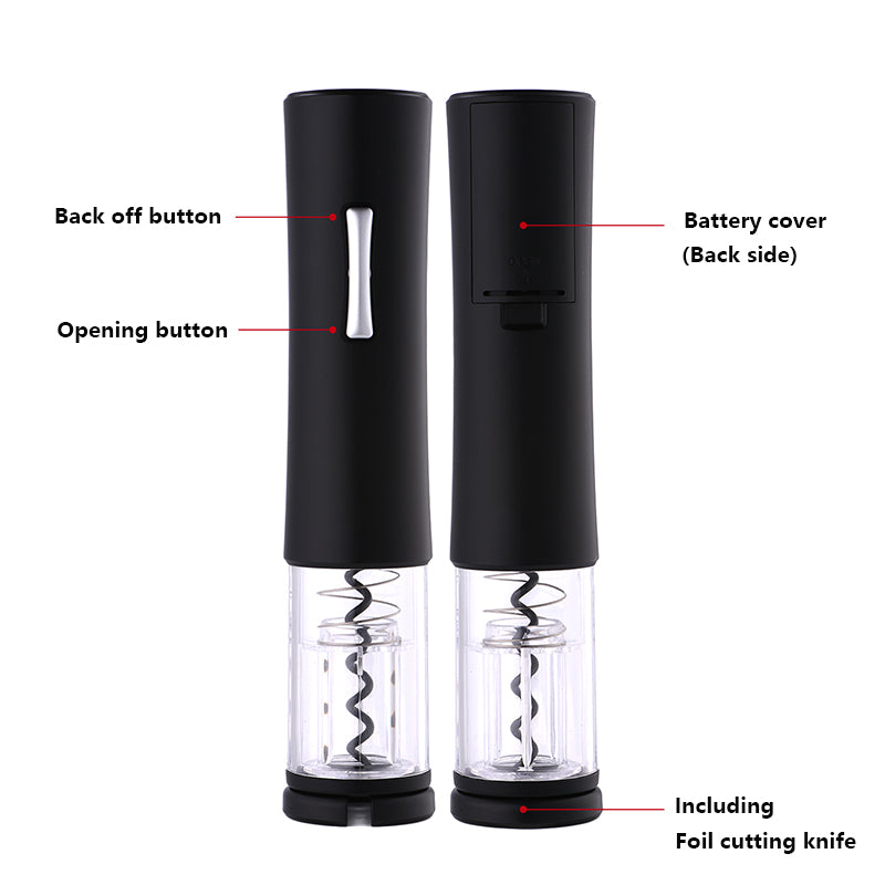 Black electric wine bottle opener with foil cutting knife included and clear chamber