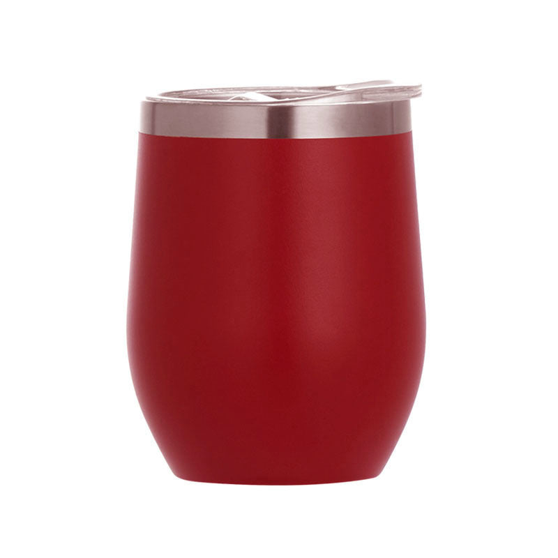 Red egg-shaped insulated wine tumbler with stainless lid, double-wall 12oz