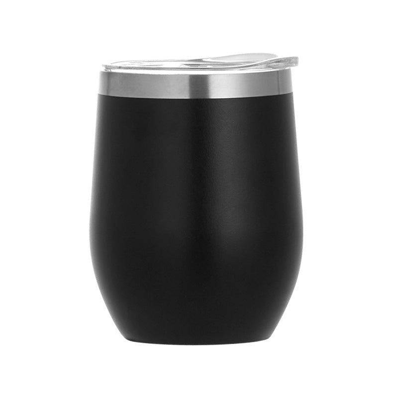 Black egg-shaped insulated wine tumbler, stainless lid, double-wall 12oz