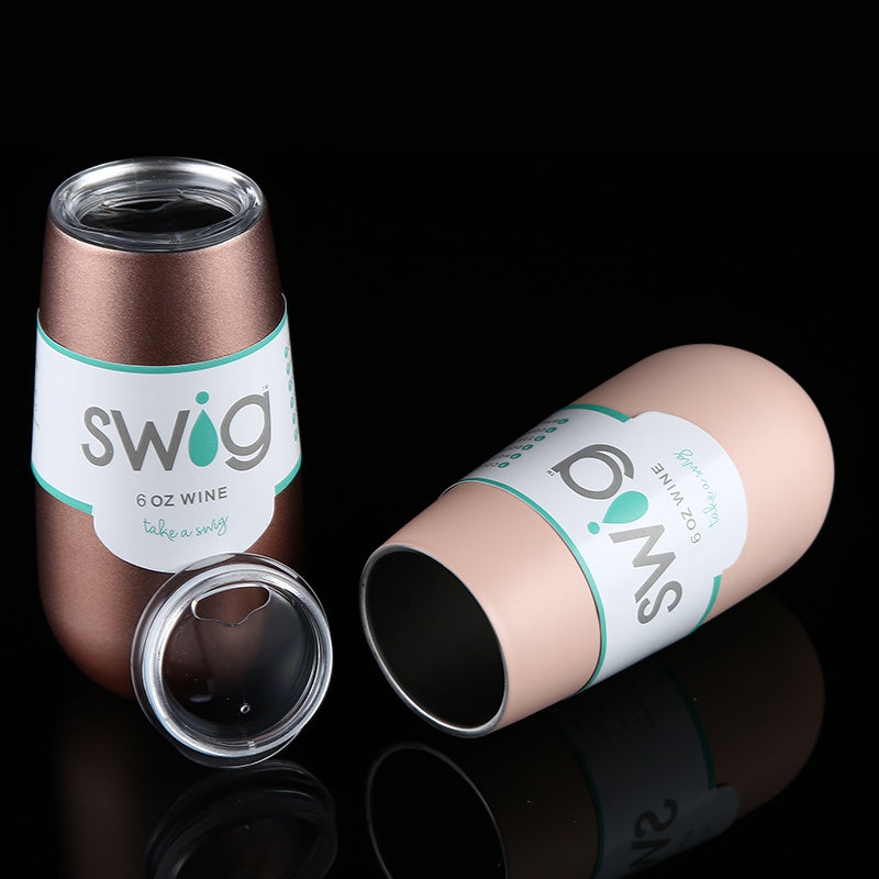 Insulated 6 oz bronze wine tumbler with lid, SWIG logo, open top