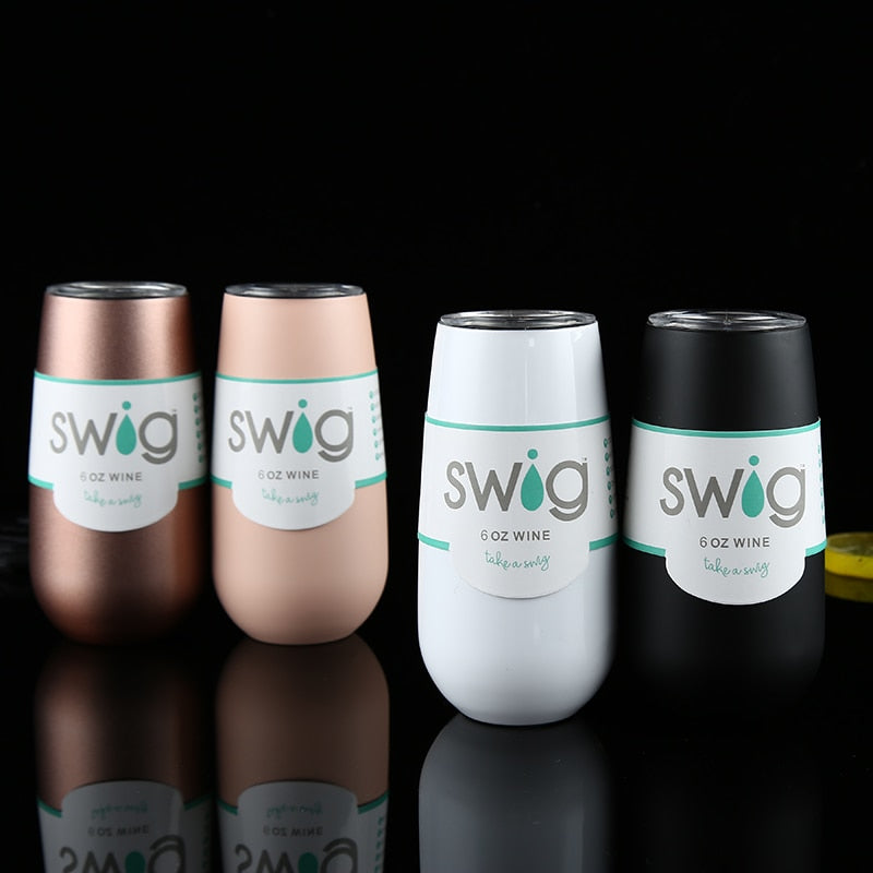 Insulated stemless 6 oz stainless wine tumblers, four colors with SWIG logo