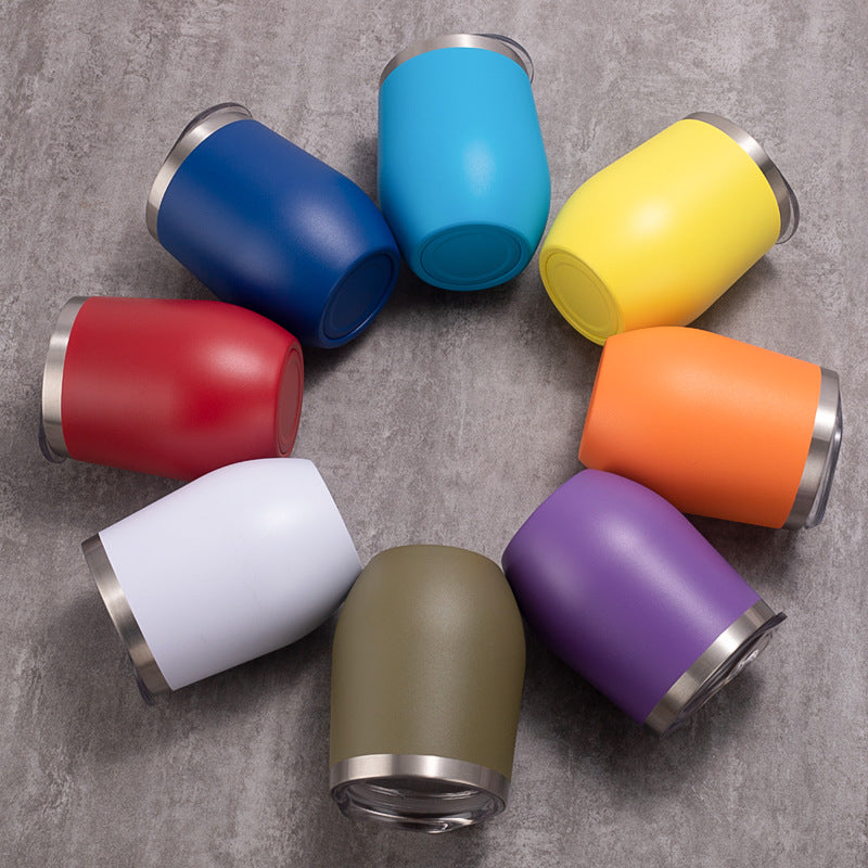 Assorted 12oz egg-shaped insulated wine tumblers in colored double-wall stainless steel