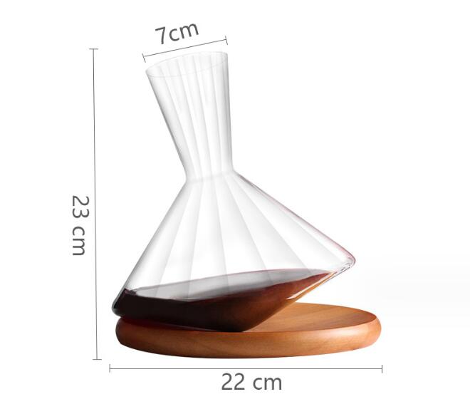 Crystal wine decanter with wooden base, 22 cm wide and 23 cm tall