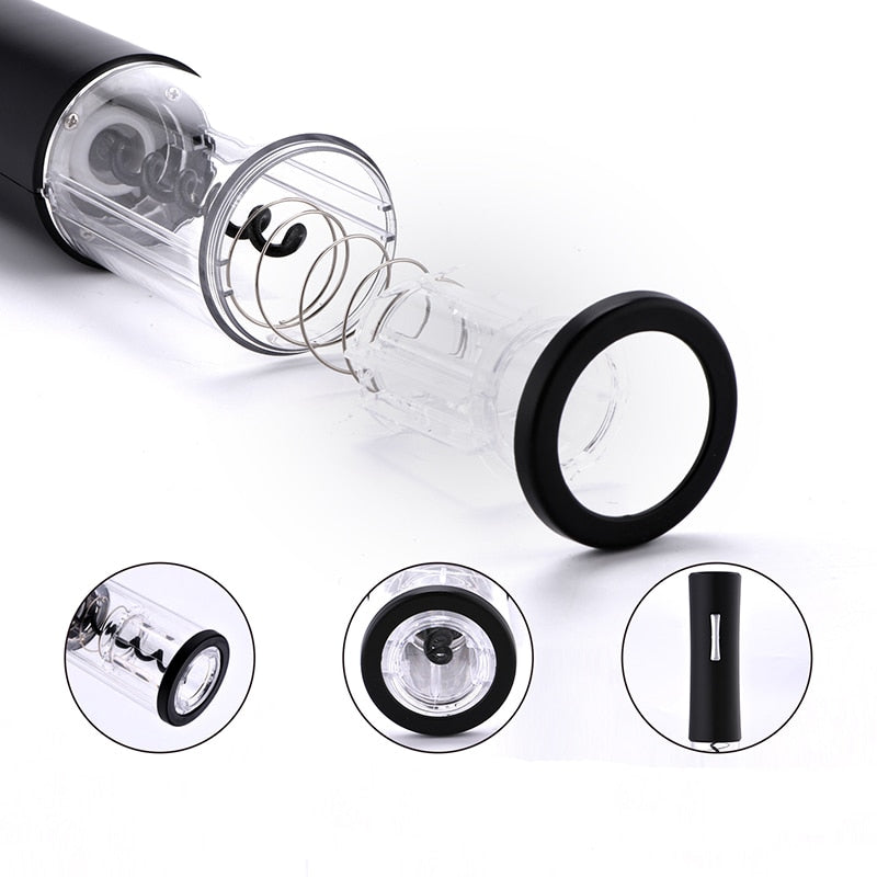 Electric wine bottle opener close-up with clear spiral cork-removal chamber