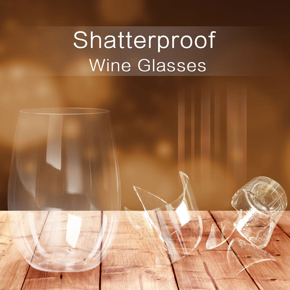 Clear stemless wine glass with shatterproof-looking cracked glass pieces