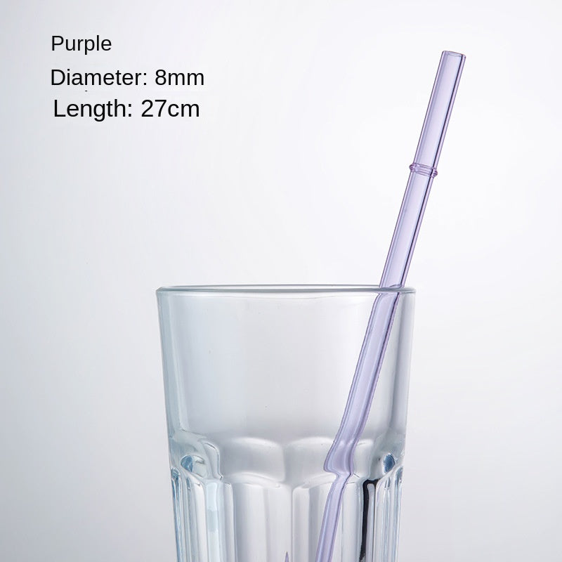 Borosilicate glass drinking straw, purple, 8mm dia, 27cm long in clear tumbler