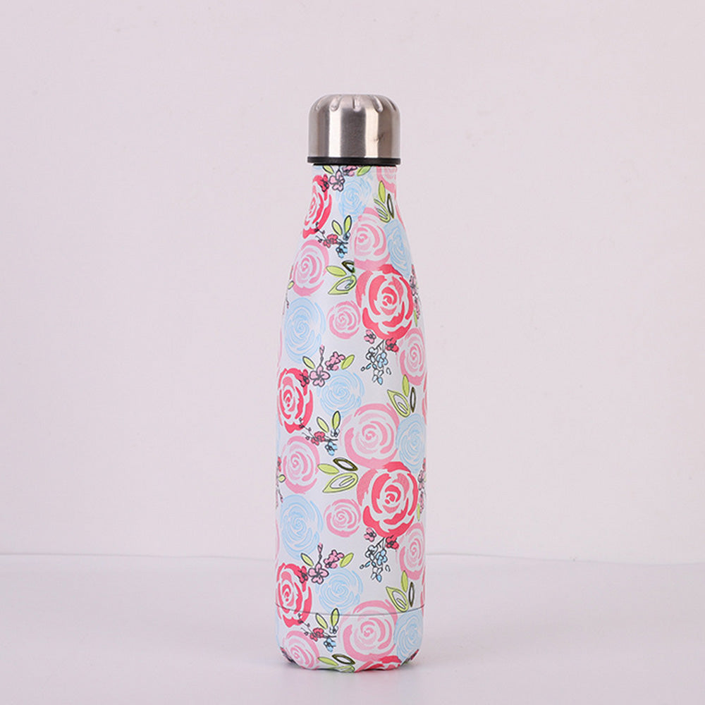 500ml vacuum insulated water bottle with pink rose pattern and stainless steel cap