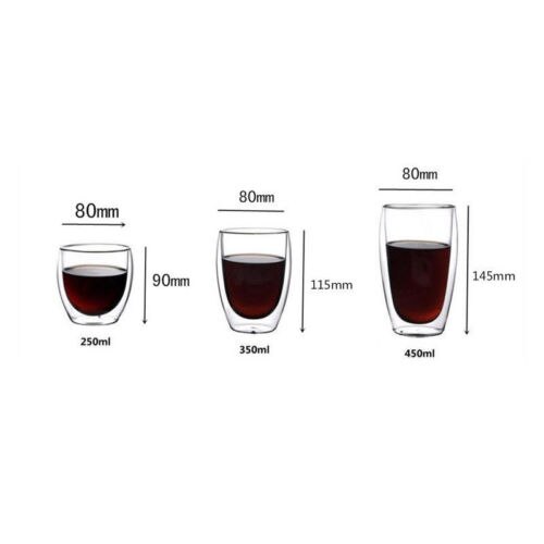Clear double-wall glass mug sizes shown with height and diameter measurements