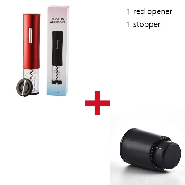 Red electric wine bottle opener with foil cutter and included stopper