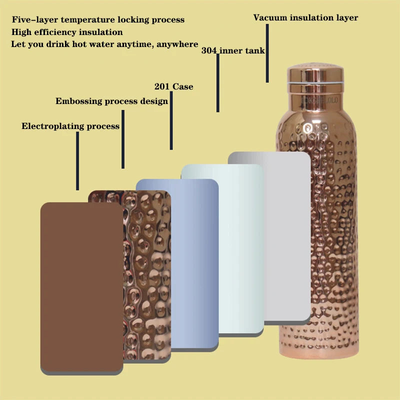 Noble copper vacuum insulated thermos flask with stainless steel cap and embossed texture
