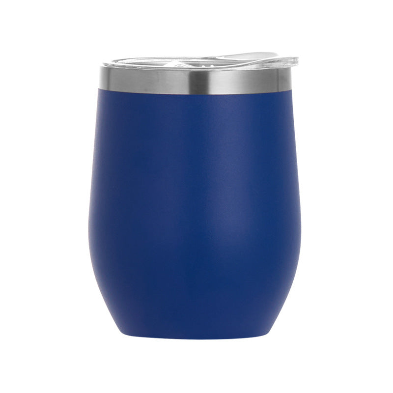 Blue egg-shaped insulated wine tumbler, double-wall stainless steel, with lid