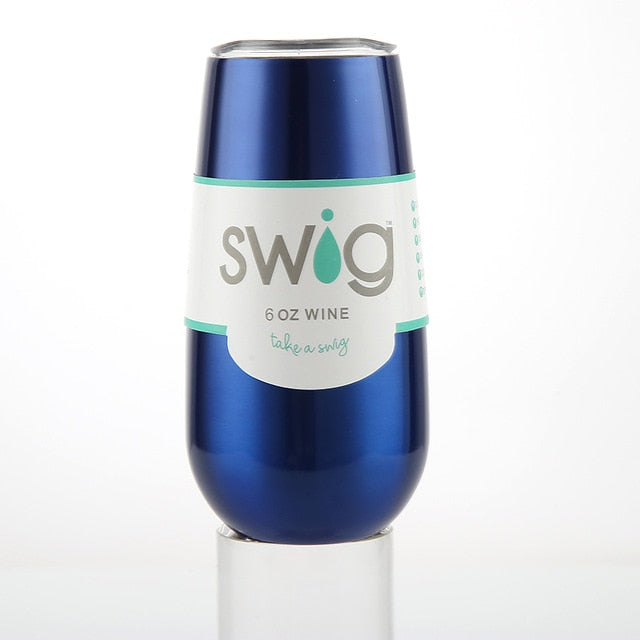 Insulated 6 oz navy blue wine tumbler with SWIG logo and teal band
