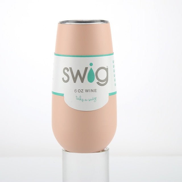 Insulated 6 oz blush beige wine tumbler with SWIG logo and teal band