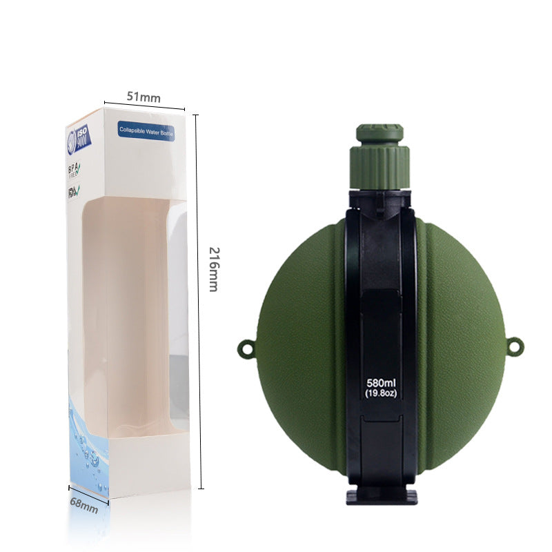 Military green 580ml folding silicone water bottle with black protective holder and carry loop