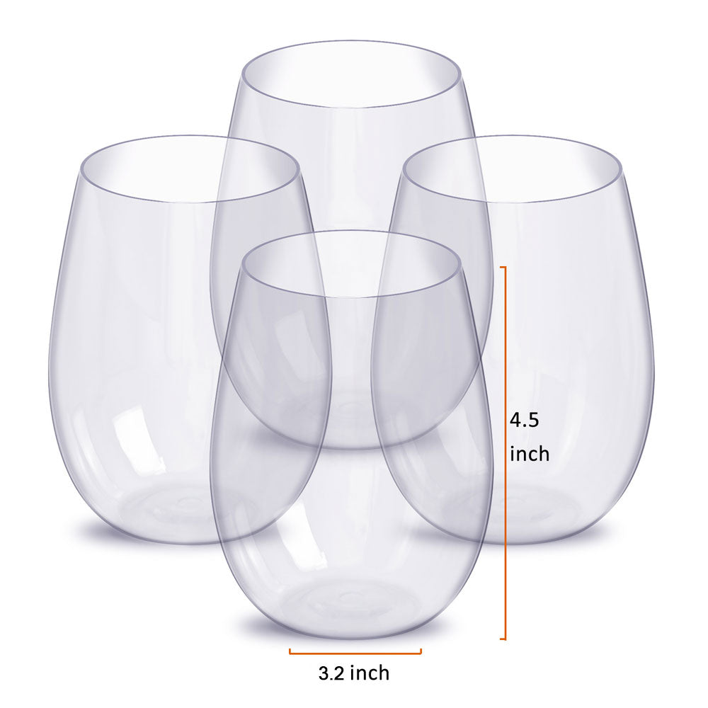 Clear stemless wine glasses set with size markers: 3.2 in wide, 4.5 in tall