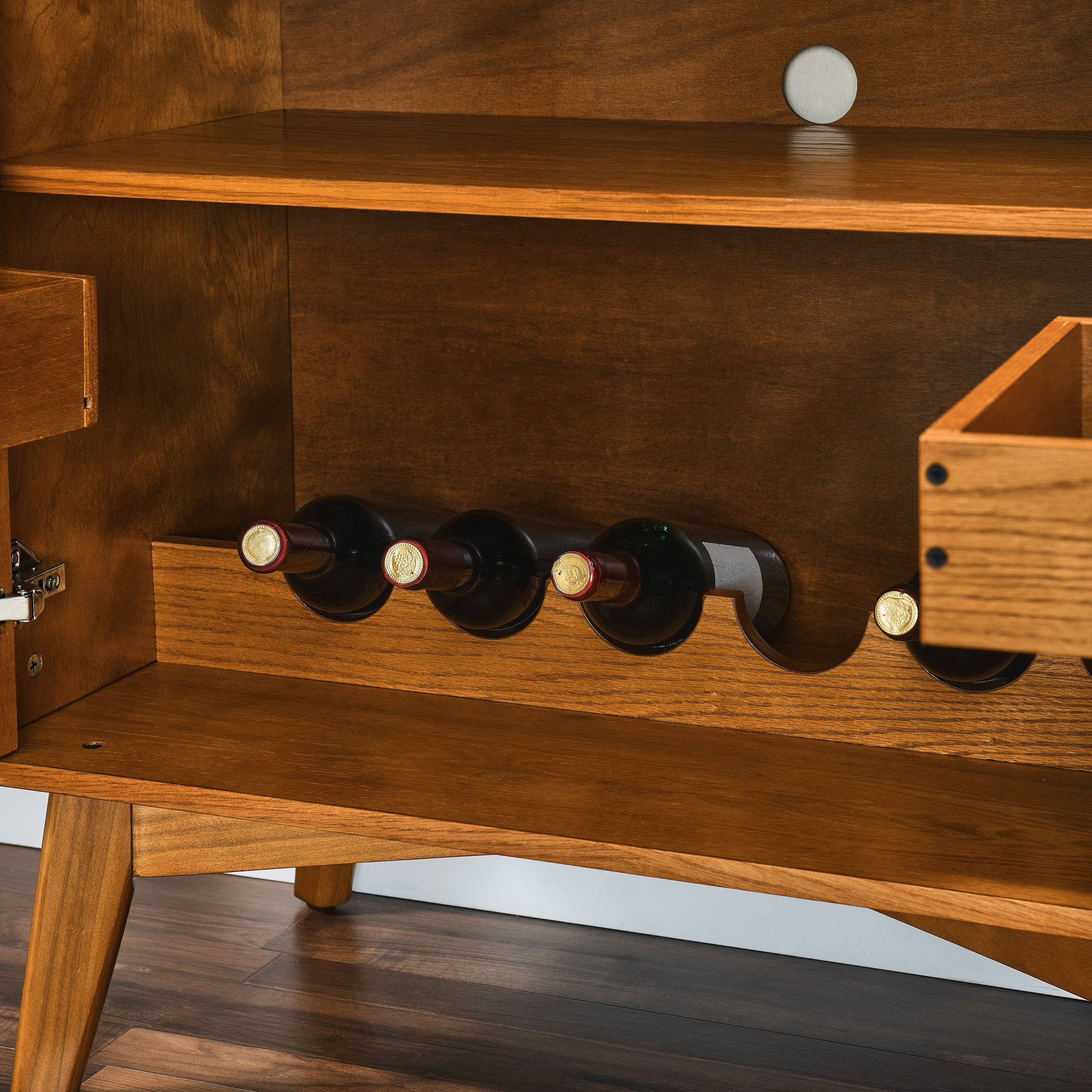 Wood wine cabinet shelf with bottle slots and glass holder cups