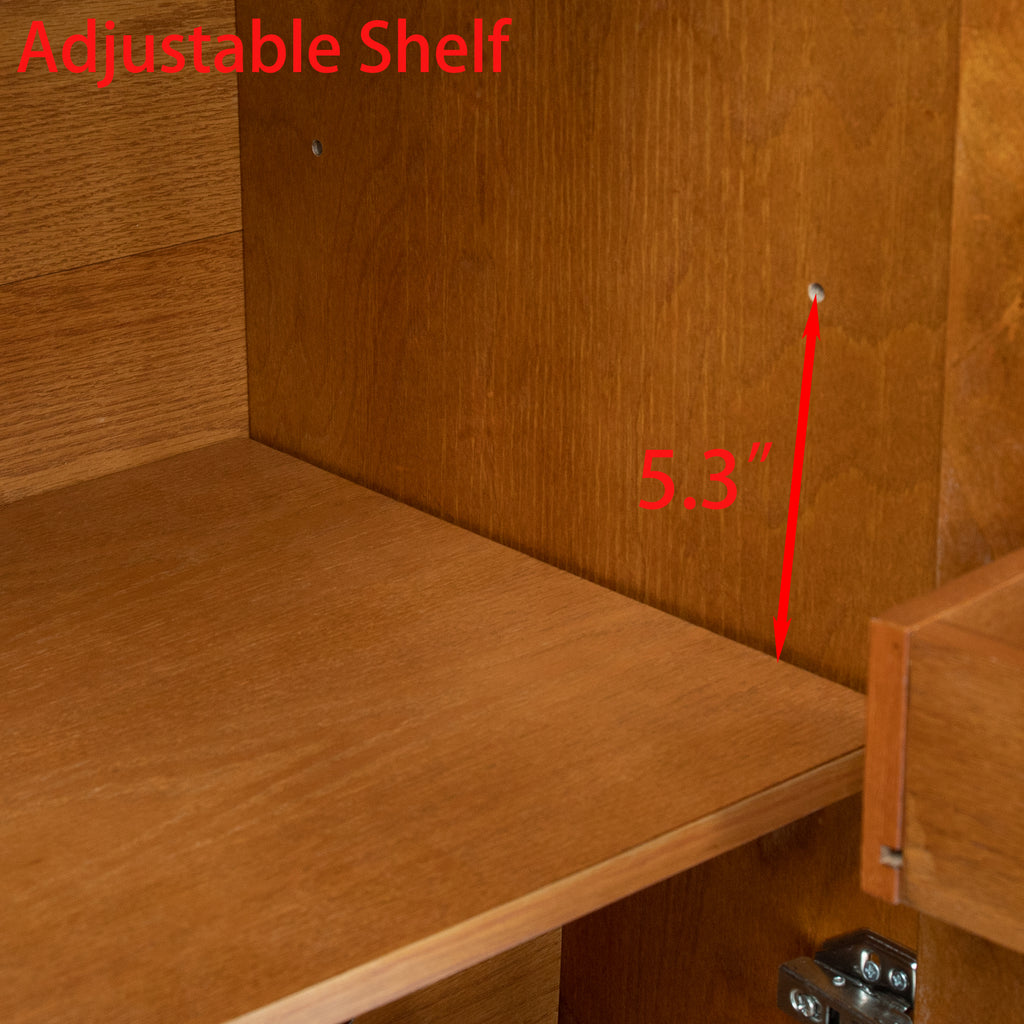 Adjustable interior shelf in wood cabinet with measured storage height overlay