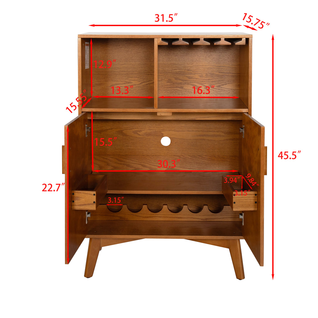 Wood beverage cabinet with open interior and bottle rack, shown with size overlay